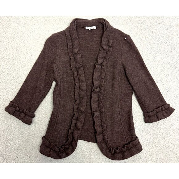 Susan Bristol Wool Cardigan Sweater Brown Open Ruffled Collar Hem Pockets - Picture 1 of 8